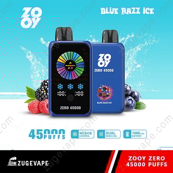 Promotional Image For Zooy Zero 45000 Puffs Blue Razz Ice Disposable Vape Showing Two Blue Vaping Devices, A Variety Of Berries, Product Features, And Branding From Zugevape.