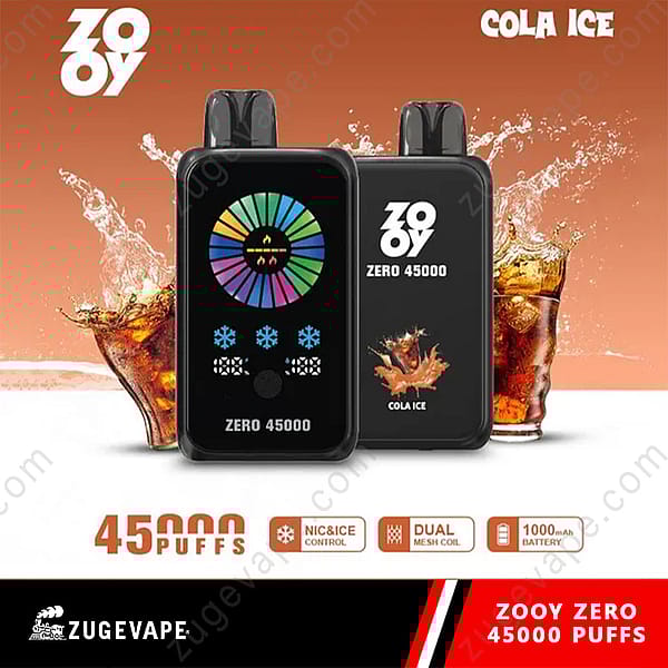 Two Zooy Zero 45000 Puffs Vape Devices In Front Of Splashing Glasses Of Cola Ice, Highlighting Flavor, Puff Count, Battery Capacity, And Features On A Brown Background.