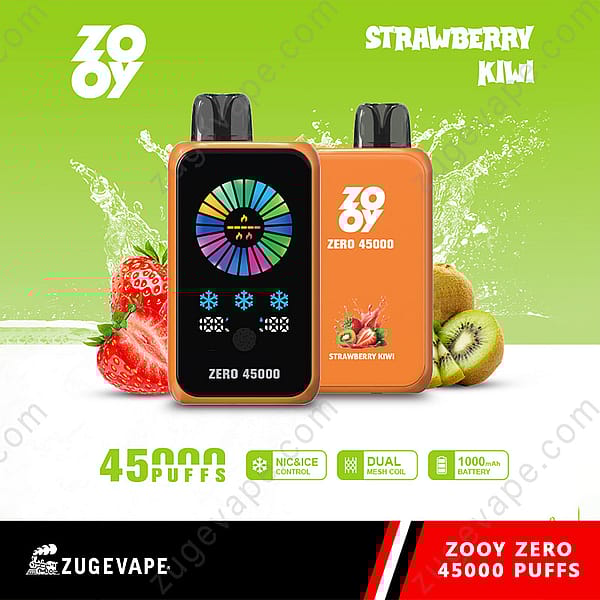 Zooy Zero 45000 Puffs Vape Devices With Strawberry Kiwi Flavor, Featuring Colorful Displays And Fruit Illustrations, Set Against A Green Background With Images Of Strawberries And Kiwis.