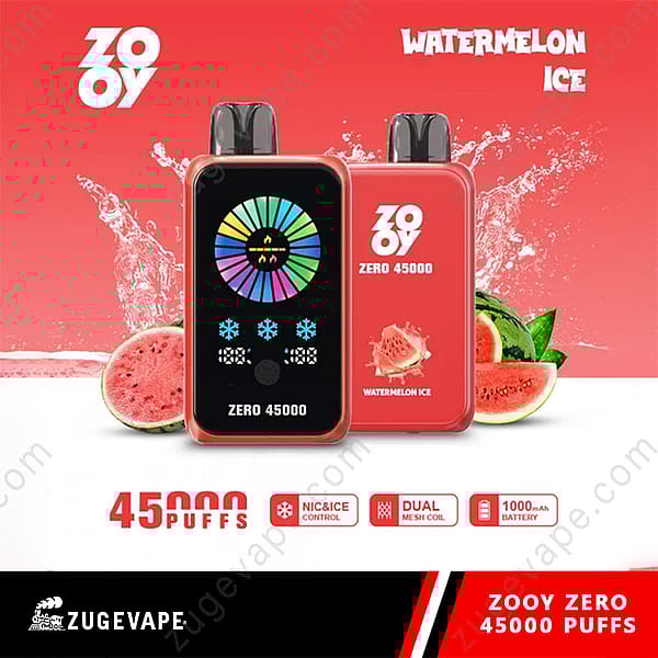 Promotional Image For Zooy Zero 45000 Puffs Disposable Vape In Watermelon Ice Flavor, Featuring Two Vape Devices, Watermelon Fruit Graphics, And Key Product Features Such As Nic And Ice Control, Dual Mesh Coil, And 1000 Mah Battery.