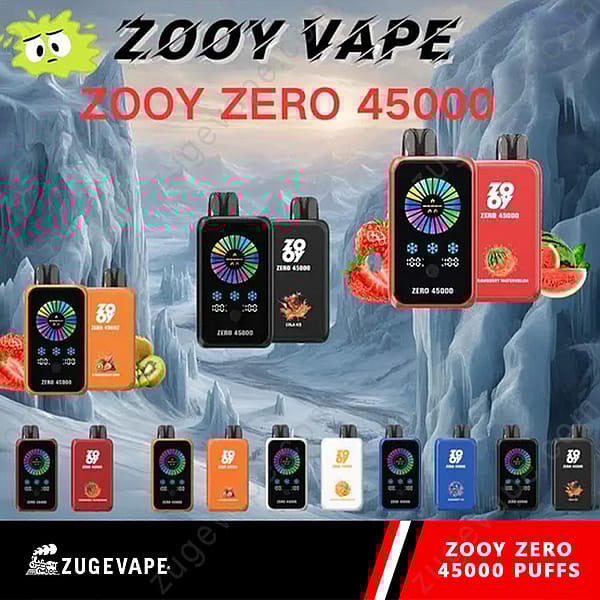 Assorted Zooy Vape Zero 45000 Puff Disposable Vape Devices In Different Flavors And Colors Displayed Against An Icy Landscape Background, With Fruit Graphics Indicating Flavors Like Strawberry And Kiwi.