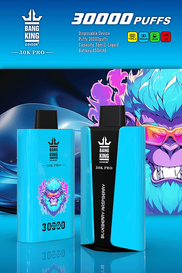 &Quot;Dispositivo per svapo monouso Bang King 30K Pro con 30.000 tiri, capacità di e-liquid da 36 ml, batteria da 850 mAh e aroma di mirtillo e lampone su uno sfondo blu con una grafica colorata di un gorilla.&Quot;
