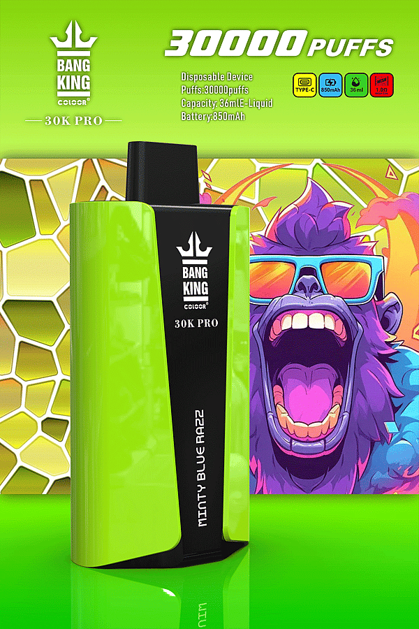 &Quot;Bang King 30K Pro svapo monouso con 30.000 boccate, aroma di menta Blue Razz, capacità di e-liquid da 36 ml e batteria da 850 mAh, con vivace grafica di un gorilla sullo sfondo.&Quot;