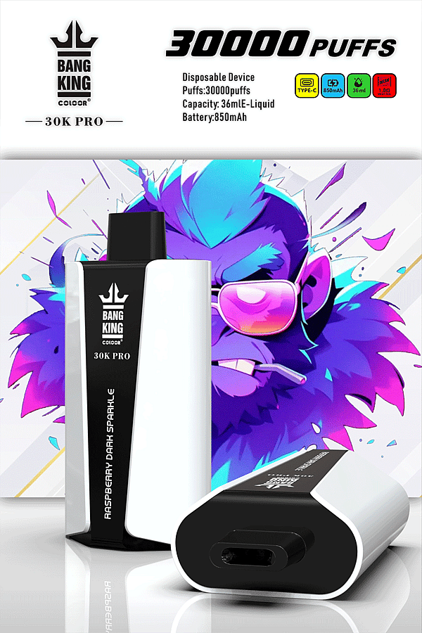 Dispositivo Vape monouso con marchio &quot;Bang King 30K Pro&quot;, con 30.000 tiri, capacità E-Liquid 36 ml, batteria 850 mAh e un'etichetta aromatizzata &quot;Raspberry Dark Sparkle&quot;. Lo sfondo mostra una scimmia stilizzata e colorata che indossa occhiali da sole.