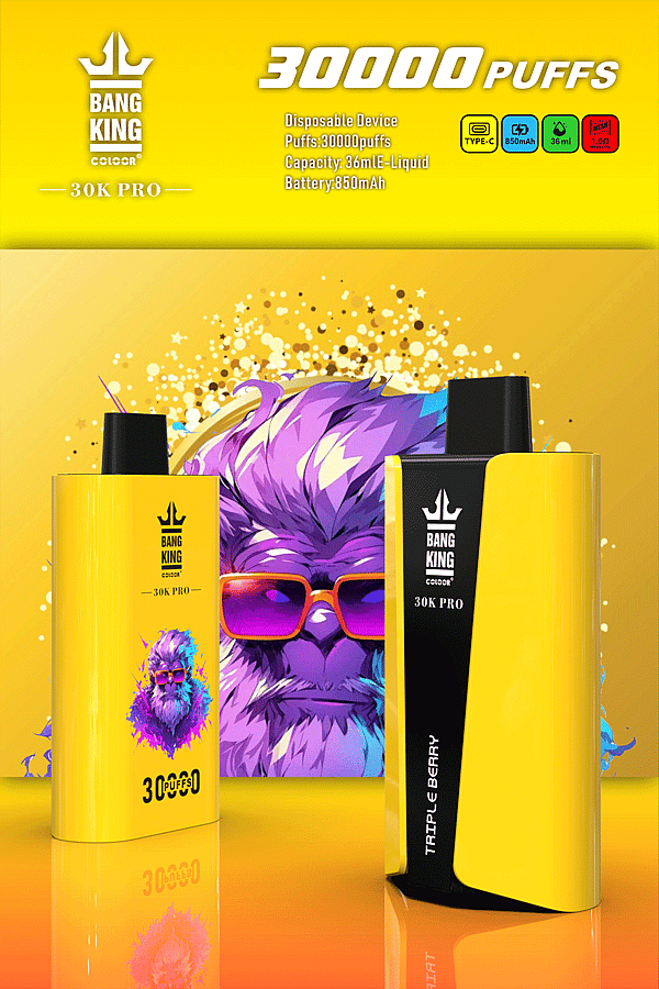 &Quot;Svapo monouso Bang King 30K Pro con 30.000 boccate, capacità del liquido di 36 ml, batteria da 850 mAh, ricarica di tipo C e triplo aroma di bacche, esposto su uno sfondo giallo con un personaggio viola che indossa occhiali da sole.&Quot;