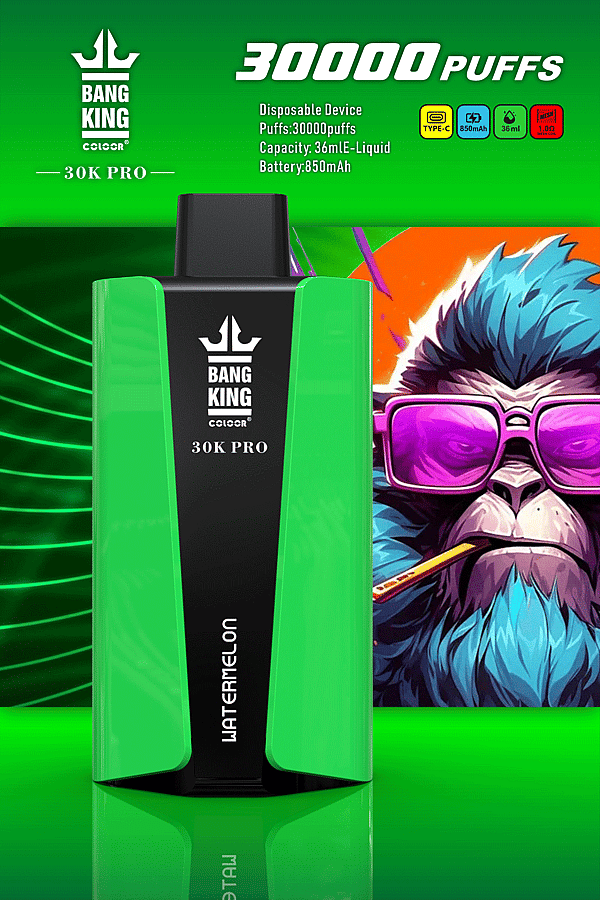 &Quot;Dispositivo per svapo monouso Bang King 30K Pro, con 30.000 tiri, capacità di e-liquid da 36 ml, batteria da 850 mAh, ricarica di tipo C e aroma di anguria con un vivace design verde e nero.&Quot;