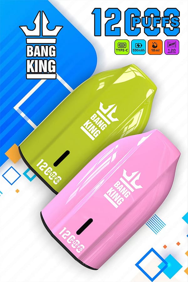 Due dispositivi per svapare colorati, uno verde e uno rosa, etichettati &quot;Bang King&quot;, con dettagli tra cui &quot;12000 tiri&quot;, &quot;Tipo-C&quot;, &quot;550Mah&quot;, &quot;18Ml&quot; e &quot;Bobina a maglie da 1,2Ω&quot;.
