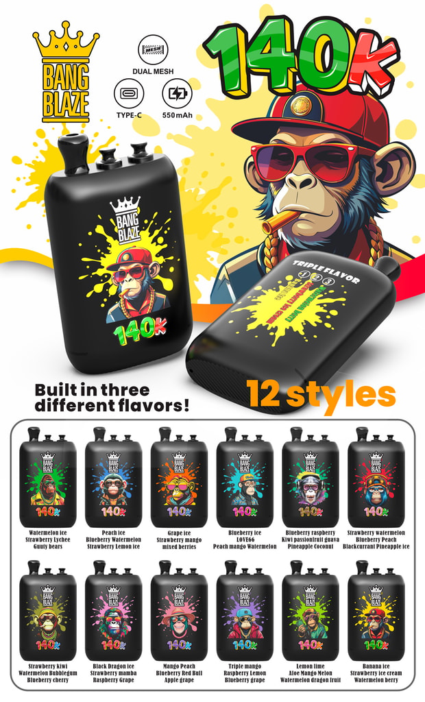 Bang Blaze 140K – 3-in-1-Einweg-Vape mit drei Geschmacksrichtungen | 140.000 Züge 13 Bang Blaz 140K Einweg-Vapes mit schwarzen Geräten, Neon-Splash-Art und Zeichentrickfigur; 12 Geschmacksstile abgebildet.