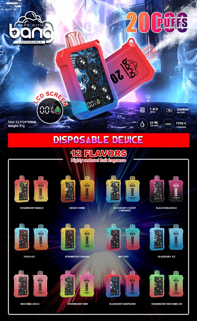 Bang Gear 20000 soplos pantalla LCD 20K Vape disponible recargable 10 Gráfico promocional del vaporizador desechable Bang Gear 20000 Puffs con dos diseños de producto, una lista de especificaciones y doce sabores disponibles dispuestos en formato de cuadrícula.