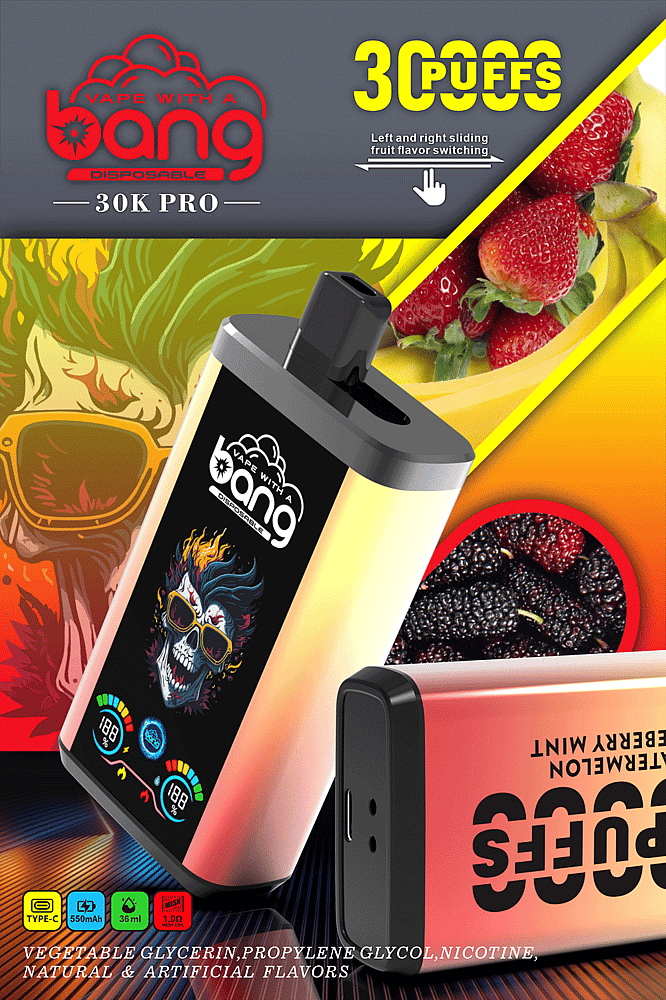 Wegwerp-vape-apparaat &Quot;Bang 30K Pro&Quot; met 30.000 trekjes, twee fruitsmaken, een levendig ontwerp met een schedel met een zonnebril, Type-C-opladen, 550 mAh-batterij en 36 ml e-liquidcapaciteit.