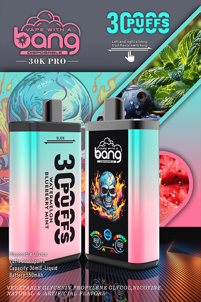 Kleurrijke advertentie voor een vape-product met de tekst &Quot;Vape With A Bang 30K Pro&Quot;, een wegwerpapparaat dat 30.000 trekjes aankan, een smaak die varieert tussen watermeloen, bosbes en munt, een e-liquidcapaciteit van 36 ml, een batterij van 550 mAh en levendige afbeeldingen, waaronder een vlammend schedelontwerp.