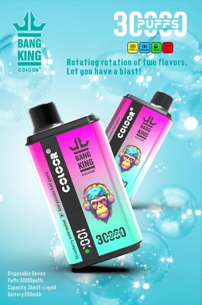 Un dispositivo per svapare monouso colorato con due gusti, caratterizzato dal marchio "Bang King", una scimmia illustrata che indossa le cuffie e dettagli tra cui 30.000 tiri, capacità di e-liquid da 36 ml e una batteria da 550 mAh.