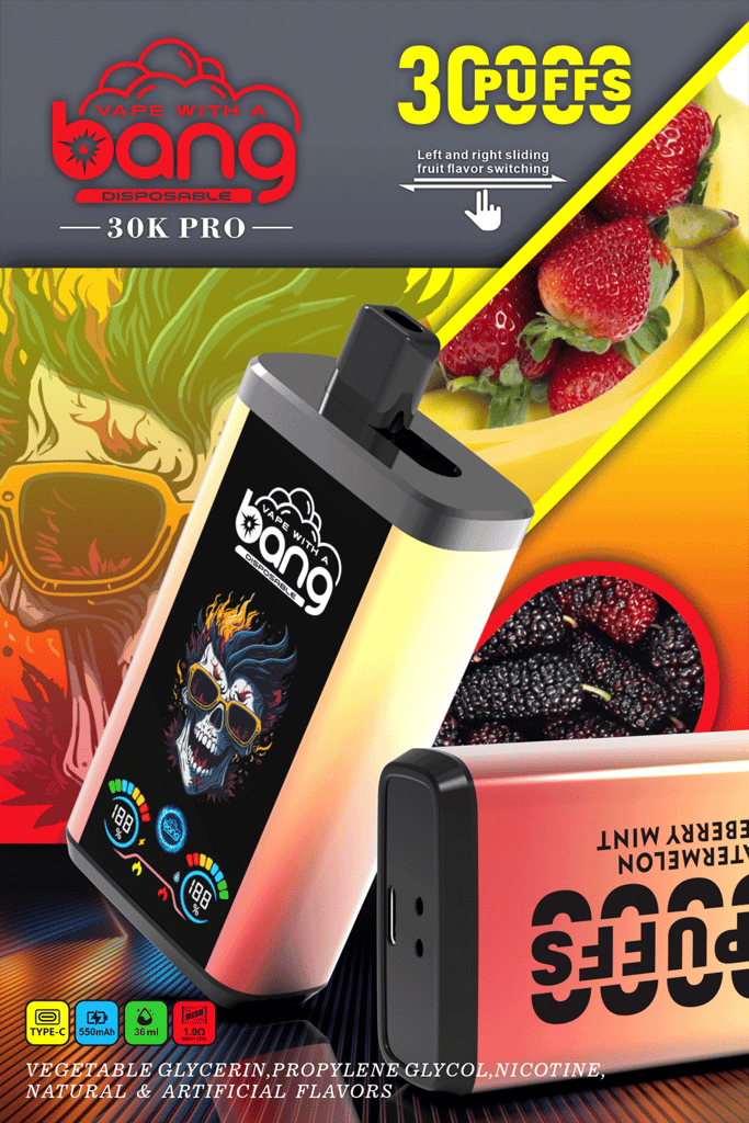 Disposable Vape Device &Quot;Bang 30K Pro&Quot; With 30,000 Puffs, Dual Fruit Flavor Switching, Featuring A Vibrant Design With A Skull Wearing Sunglasses, Type-C Charging, 550Mah Battery, And 36Ml E-Liquid Capacity.