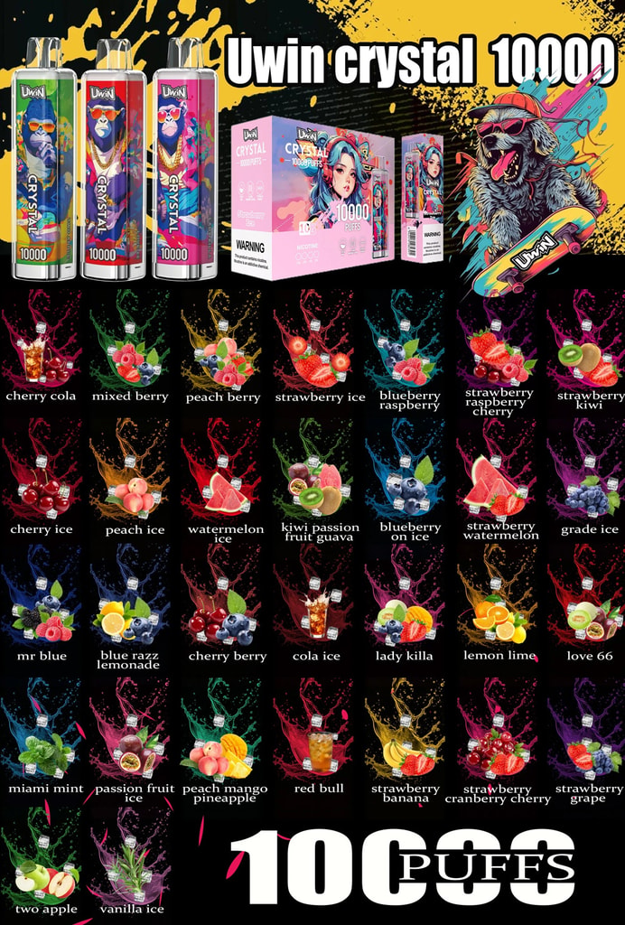 Uwin Crystal 10000 Puffs 10K Einweg-Vape 18 Farbenfrohe Werbung für Uwin Crystal 10.000 Puff E-Zigaretten mit verschiedenen Frucht- und Getränkearomen, auffälligem Design und einer Zeichentrickfigur vor einem leuchtenden schwarz-gelben Hintergrund.