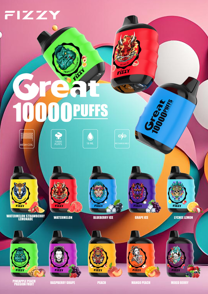 Fizzy Great 10000 Puffs European Warehouse 10K Disposable Vape 12 Fizzy Brand Disposable Vapes Featuring Various Flavors Such As Watermelon, Blueberry Ice, And Mango Peach, With 10,000 Puffs, Mesh Coil, 18 Ml Capacity, And Rechargeable Design.