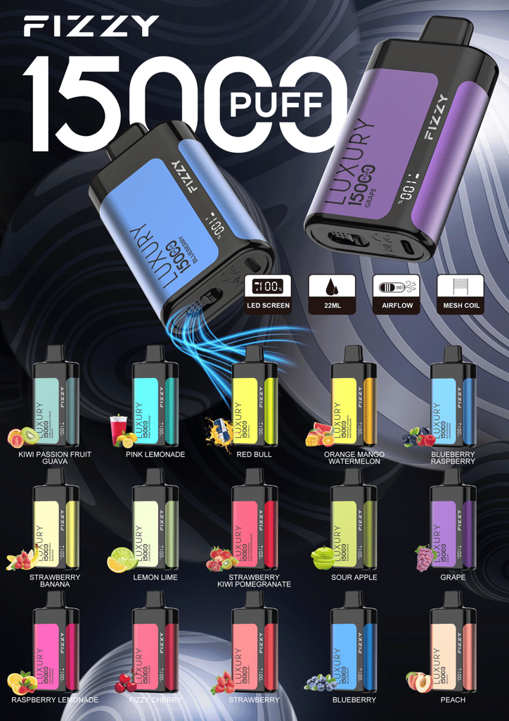 Fizzy Luxury 15000 Puffs 15K Einweg-Vape Großhandelskauf 18 Eine Vielzahl sprudelnder Vape-Geräte mit 15.000 Zügen und verschiedenen Geschmacksrichtungen, mit LED-Bildschirm, 22 ml Fassungsvermögen, einstellbarer Luftzufuhr und Mesh-Spule. Zu den Geschmacksrichtungen gehören Kiwi-Passionsfrucht-Guave, Pink Lemonade, Red Bull, Orange-Mango-Wassermelone, Blaubeere-Himbeere und mehr.