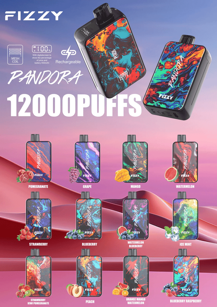 Fizzy Pandora 12000 パフ 12K Vape ヨーロッパ倉庫 12 からの高速配送 ザクロ、ブドウ、マンゴー、スイカ、ストロベリー、ブルーベリー、アイスミントなど、さまざまな果物の味の炭酸パンドラ12000パフ充電式蒸気装置。