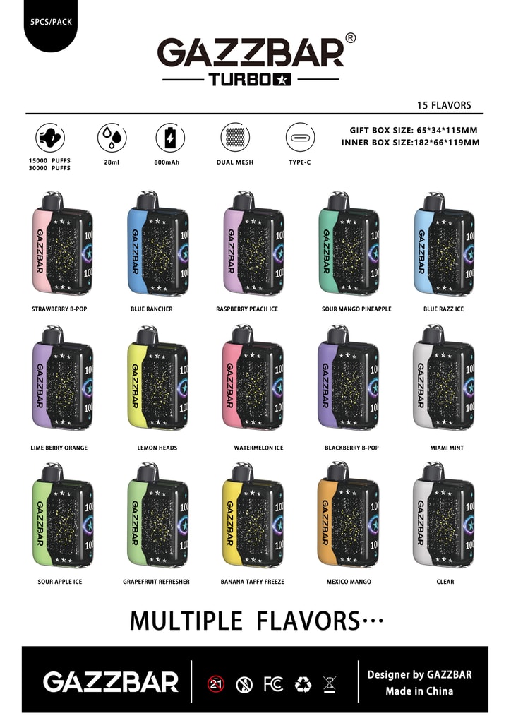 Gazzbar Turbo 30000 Gazzbar 30K Puffs Dual Mesh Disposable Vape 17 Gazzbar Turbo Disposable Vape Collection With 15 Flavor Options Including Strawberry B-Pop, Blue Rancher, Raspberry Peach Ice, And More, Featuring 15,000-30,000 Puffs, 28Ml, 800Mah Battery, Dual Mesh, And Type-C Charging.