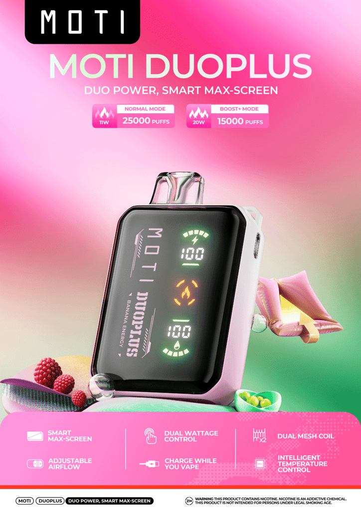 Moti Duoplus 20000 Puffs Smart Max-Screen 17 Moti Duoplus Vape Device With A Smart Max-Screen Displaying Power And Puff Levels, Surrounded By Colorful Fruit And Candy-Themed Accents, Highlighting Features Like Dual Wattage Control, Adjustable Airflow, And Charge-While-You-Vape Functionality.