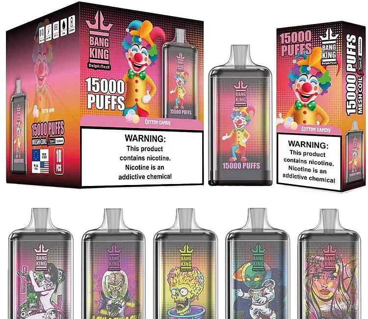 Embalaje y dispositivos de vapeo para "Bang King 15,000 Puffs", con diseños coloridos y caricaturescos, que incluyen un payaso y varias ilustraciones de personajes, con prominentes etiquetas de advertencia de nicotina.