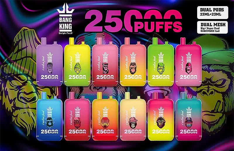 Imagen promocional colorida de Bang King 25000 Puffs, el vapeador desechable más vendido, con cinco diseños vibrantes, cada uno etiquetado con &quot;Best Bang King 25000 Puffs 25K Disposable Vape&quot;, sobre un fondo ahumado rosa y azul que gira. La imagen destaca características clave como una batería de 650 mAh, una capacidad de e-líquido de 23 ml y carga tipo C, lo que convierte a estos dispositivos en una excelente opción para los vapeadores de toda Europa.