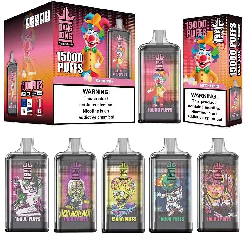 Verpakking en damp-apparaten voor 'Bang King 15.000 trekjes', met kleurrijke, cartoonachtige ontwerpen, waaronder een clown en verschillende karakterillustraties, met opvallende nicotinewaarschuwingslabels.
