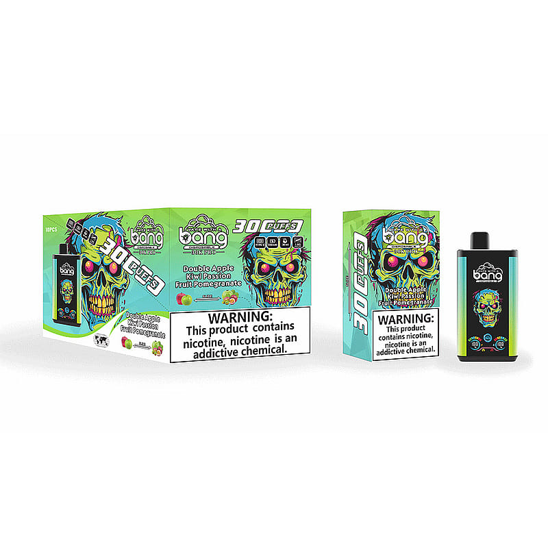 Bang Disposable Vape Verpakking Met Een Kleurrijk Schedelontwerp, Met De Smaken Dubbele Appel, Kiwi Passievrucht En Granaatappel, Gelabeld Voor 30.000 Trekjes. Waarschuwingsbericht Over Nicotinegehalte. Merklogo &Quot;Zugevape&Quot; Onderaan.