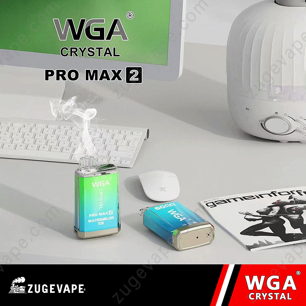&Quot;Dispositivo per svapare Wga Crystal 6000 Pro Max 2 con gusto di ghiaccio all'anguria su una scrivania, che emette vapore accanto a una tastiera, un mouse e un caricatore.&Quot;