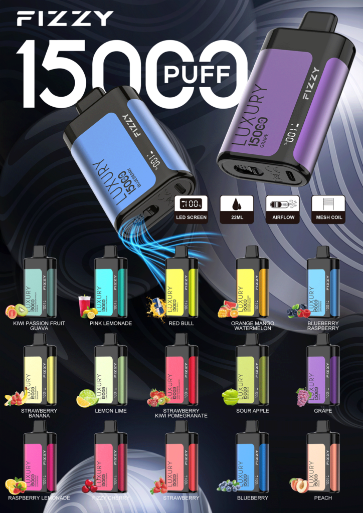 Een verscheidenheid aan bruisende 15000-puff vape-apparaten met verschillende smaken, met een led-scherm, 22 ml capaciteit, instelbare luchtstroom en mesh-spoel. Smaken zijn onder meer kiwi, passievrucht, guave, roze limonade, red bull, sinaasappel, mango, watermeloen, bosbes, framboos en meer.