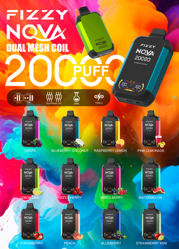 Produktdisplay für Einweg-Vape Fizzy Nova mit verschiedenen Geschmacksrichtungen, darunter Traube, Blaubeere-Kokosnuss, Himbeer-Zitrone, Pink Lemonade, Zitrone-Limette, Sprudelkirsche, gemischte Beeren, Wassermelone, Erdbeere, Pfirsich, Blaubeere und Erdbeer-Kiwi. Das Vape-Gerät bietet 20.000 Züge, eine Dual Mesh Coil, 28 ml Fassungsvermögen und Aufladen über Typ C.