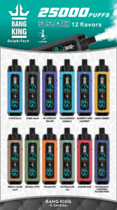 Promotional image for Bang King DelphiTech E-Shisha, highlighting 12 different flavors of disposable vapes with 25,000 puffs, each shown with a unique color and flavor label, listed as Vimto Bull, Cush Man, Blueberry Grape, Blue Raspberry Lemonade, Blueberry Sour Raspberry, Lemon Cherry, Shisha Lemon Mint, Double Apple, Peach Ice, Watermelon Ice, Bad Blood, and Watermelon Honeydew Passion Fruit.