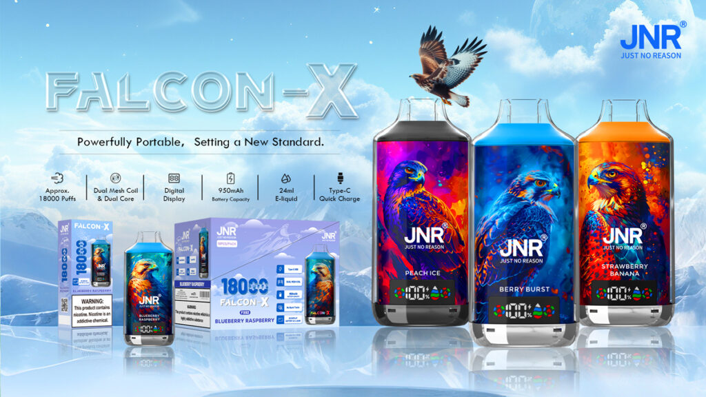 Publicité pour Jnr Falcon-X Vape, avec des bouteilles de vape colorées avec des motifs Falcon et des détails de produit tels que 18 000 bouffées, une batterie de 950 mAh et une capacité de e-liquide de 24 ml.