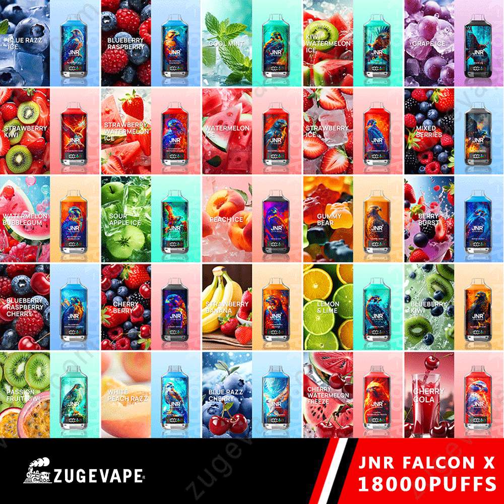 Collage de diverses saveurs de vape Jnr Falcon X, y compris des fruits et de la menthe, avec la marque Zugevape affichée.