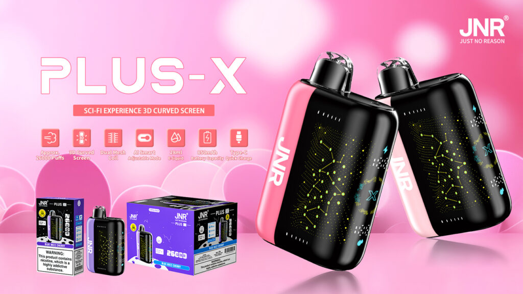 Image promotionnelle pour Jnr Plus-X Vape, comprenant deux appareils au design rose et noir, mettant en valeur des fonctionnalités telles que 26 000 bouffées, un écran incurvé 3D, une bobine à double maille, un mode intelligent Ai, un e-liquide de 28 ml, une batterie de 850 mAh et un chargement de type C.