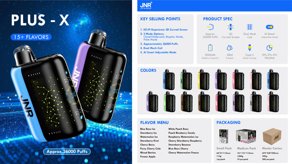 Image des appareils de vapotage « Plus-X » de Jnr, disponibles en plusieurs couleurs avec un menu de saveurs de plus de 15 options. Les principales caractéristiques comprennent un écran incurvé 3D, une bobine à double maille, 26 000 bouffées et un mode réglable intelligent Ai. Les options d'emballage sont affichées sous les spécifications du produit.