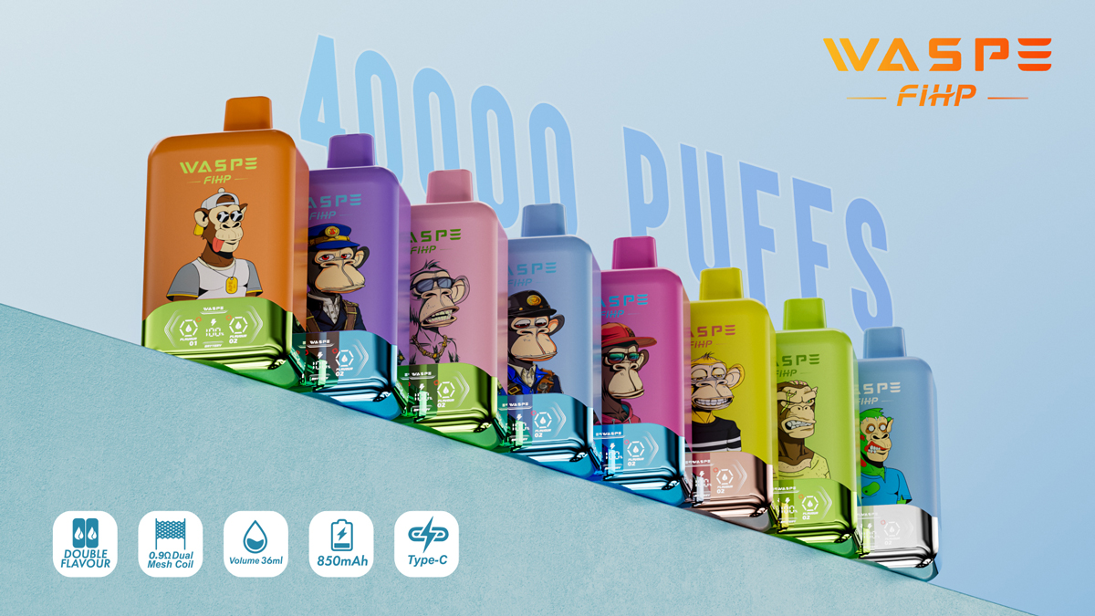 Een reeks kleurrijke vape-apparaten met de merknaam Waspe FIHP, met tekenfilmaapjes op de verpakking en tekst waarin functies worden benadrukt zoals 40.000 trekjes, twee smaken, 36 ml volume, 850 mAh-batterij en Type-C-opladen.