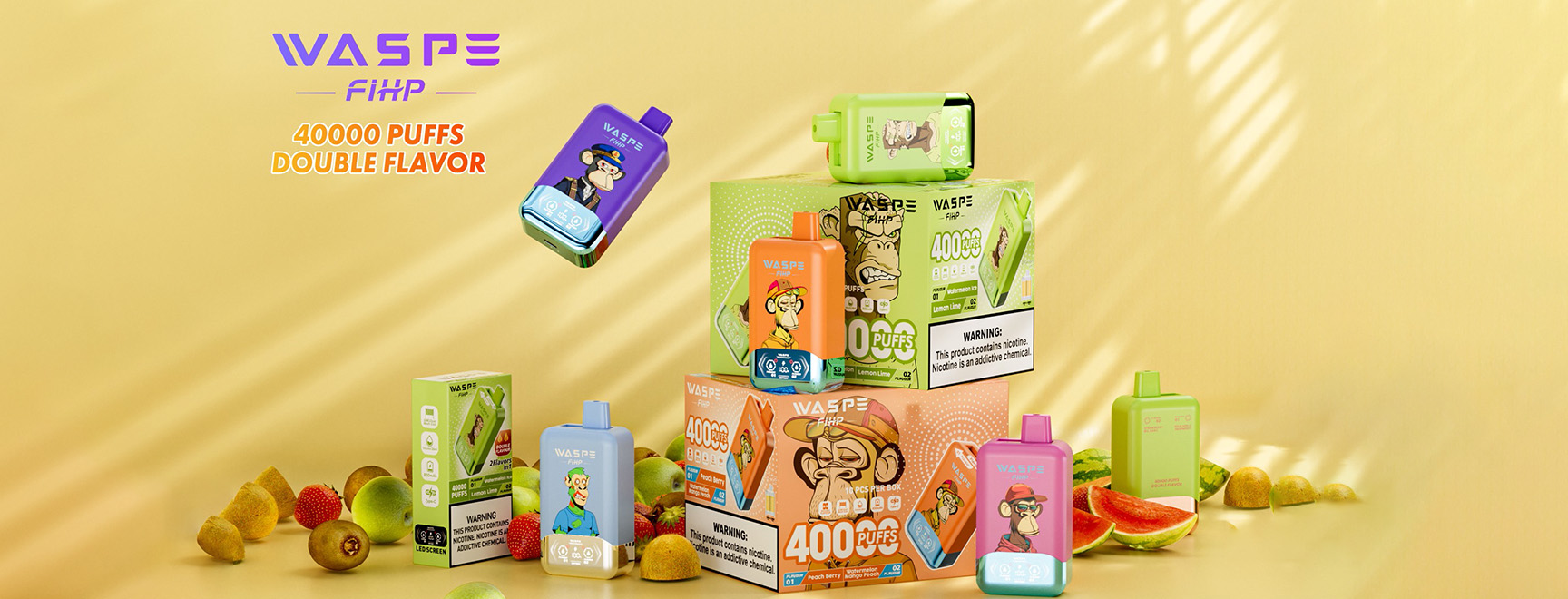 A colorful display of various Waspe vape products and their packaging, featuring fruit flavors, set against a light yellow background with some fruits scattered around.