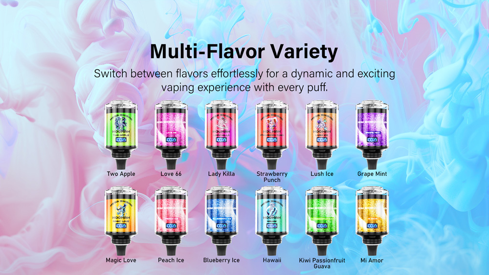 Display of multi-flavor vaping options featuring colorful designs and flavor names including Two Apple, Love 66, Lady Killa, Strawberry Punch, Lush Ice, Grape Mint, Magic Love, Peach Ice, Blueberry Ice, Hawaii, Kiwi Passionfruit Guava, and Mi Amor.