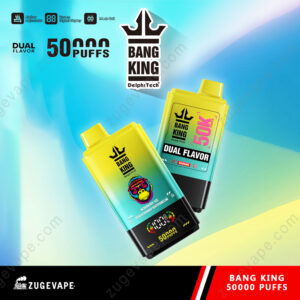 Werbebild zeigt die Einweg-Vaporizer Bang King 50000 Puffs in farbenfroher Verpackung mit zwei Geschmacksoptionen und erweiterten Funktionen.