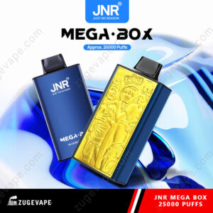 Product image of JNR Mega Box vaping device, offering approximately 25,000 puffs, featuring a shiny blue case and a decorative gold accent, displayed with branding information against a swirling blue background.