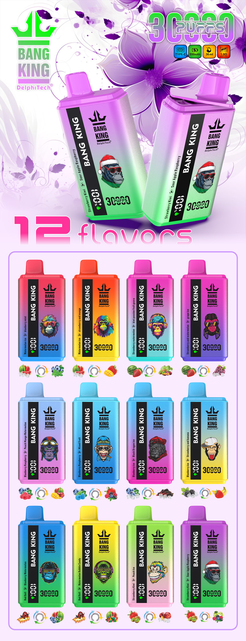 Appareils de vape jetables Bang King de différentes couleurs et saveurs, avec 30 000 bouffées et une capacité de e-liquide de 36 ml.