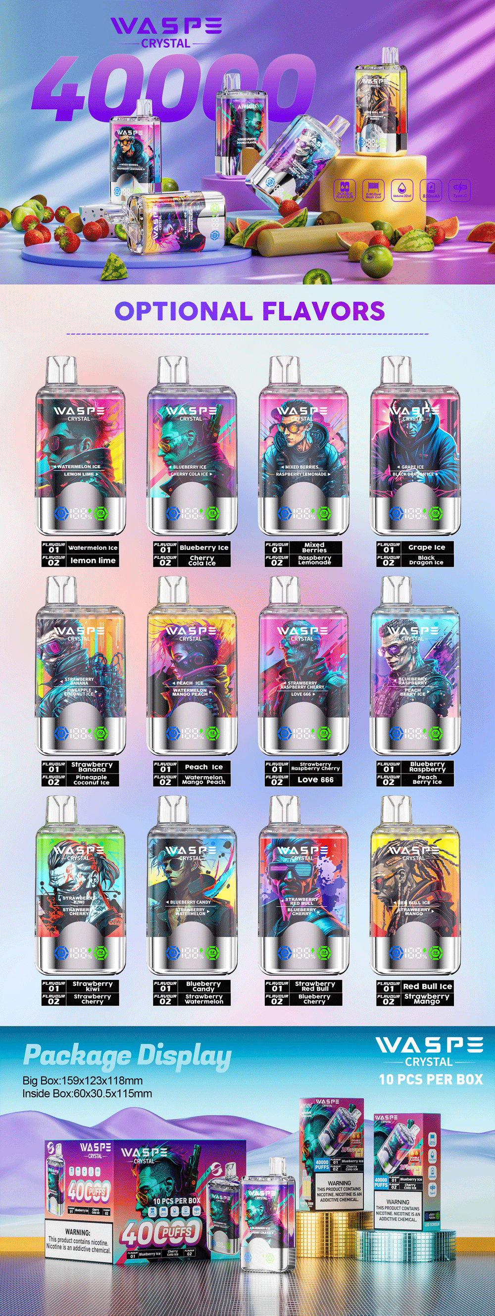 Una colorida exhibición de dispositivos de vapeo Waspe Crystal con varias opciones de sabor, que incluyen helado de sandía, helado de arándano, bayas mixtas, helado de uva, helado de melocotón, fresa y plátano y otros, dispuestos junto a cajas de embalaje.