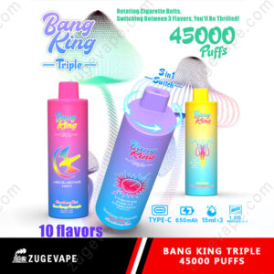Promotie-afbeelding voor de Bang King Triple 45000 vape met kleurrijke, cilindrische apparaten met verschillende smaakontwerpen, met de nadruk op '45.000 trekjes', een 3-in-1-smaakwisselfunctie en een 650 mAh Type-C-oplaadfunctie.
