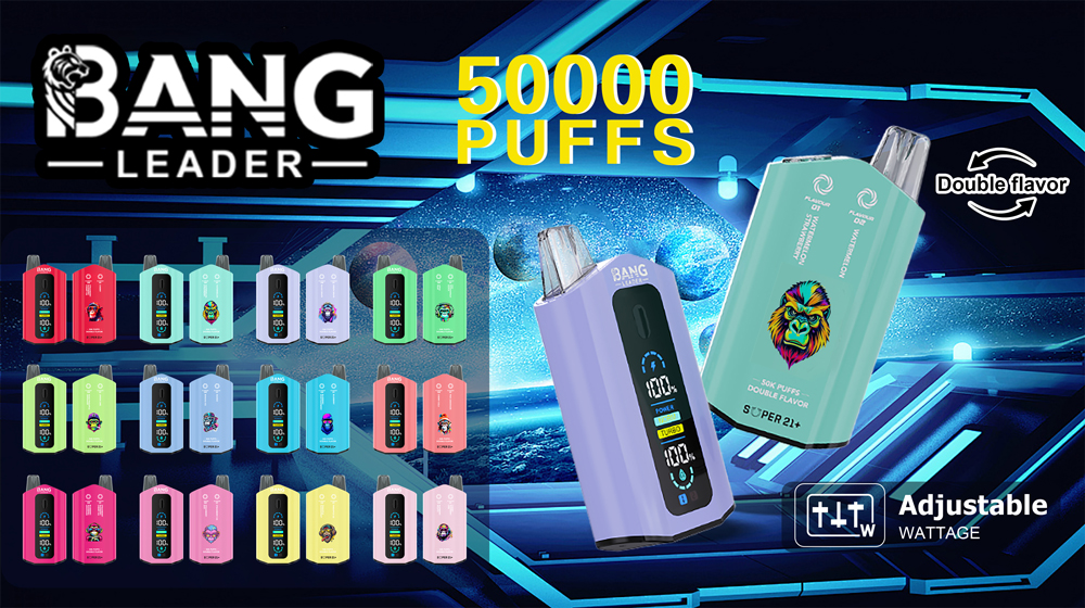 Advertentie voor Bang Leader Vaping-apparaten met verschillende modellen met 50.000 trekjes, dubbele smaakopties en instelbaar wattage.