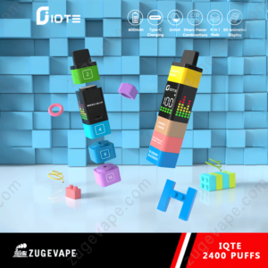 Kleurrijke advertentie waarin het IQTE 2400 Puffs-dampapparaat wordt getoond met een modulair ontwerp en levendige blokken tegen een geometrische blauwe achtergrond.