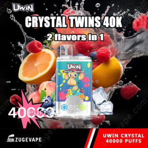 Promotie-afbeelding voor de UWIN Crystal Twins 40K vape met een ontwerp met kleurrijke branding, een cartoon-afbeelding van een aap en omringende levendige fruitelementen zoals sinaasappels, bessen en ijs om de variëteit aan smaken en versheid te benadrukken.