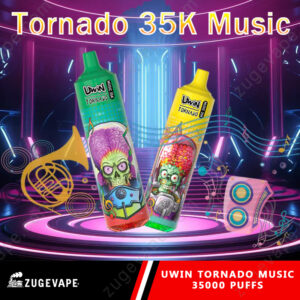 Promotional image featuring two colorful disposable vape pens with graphic designs of cartoonish zombie heads, titled 'UWIN Tornado 35K Music,' on a vibrant music-themed background.