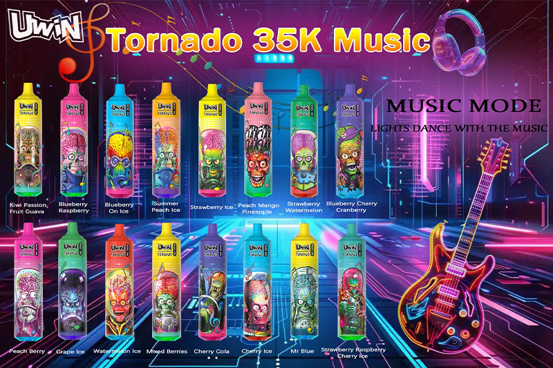 Werbebild mit farbenfrohen Vaping-Geräten mit der Aufschrift „Uwin Tornado 35K Music“ und Geschmacksrichtungen wie Kiwi, Passionsfrucht, Guave, Erdbeereis, Pfirsich, Mango, Ananas und Blaubeere, Himbeere, vor einem lebendigen Hintergrund mit musikalischen Elementen wie einer Gitarre und Kopfhörern.