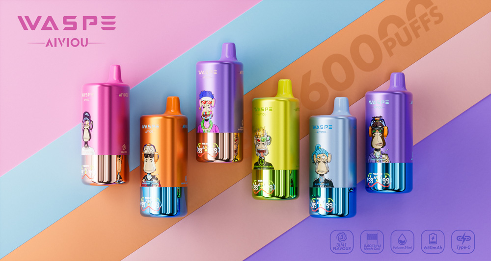 A Series Of Colorful Waspe 3 In 1 Vape Devices With Cartoon Character Designs Displayed On A Pastel-Colored Background, Featuring Text Indicating &Quot;6000 Puffs&Quot; And Various Specifications Icons At The Bottom.