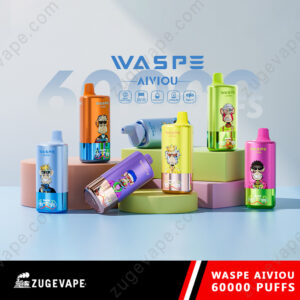 Colorful assorted vape devices labeled WASPE Aivoiu, displayed on pastel platforms with graphic illustrations and a banner indicating 60,000 puffs.